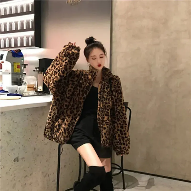 Autumn Fuzzy Leopard Print Jacket for Women – Warm Stand Collar Parka