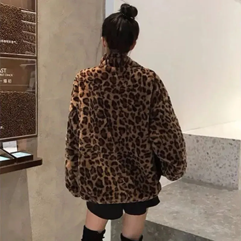 Autumn Fuzzy Leopard Print Jacket for Women – Warm Stand Collar Parka