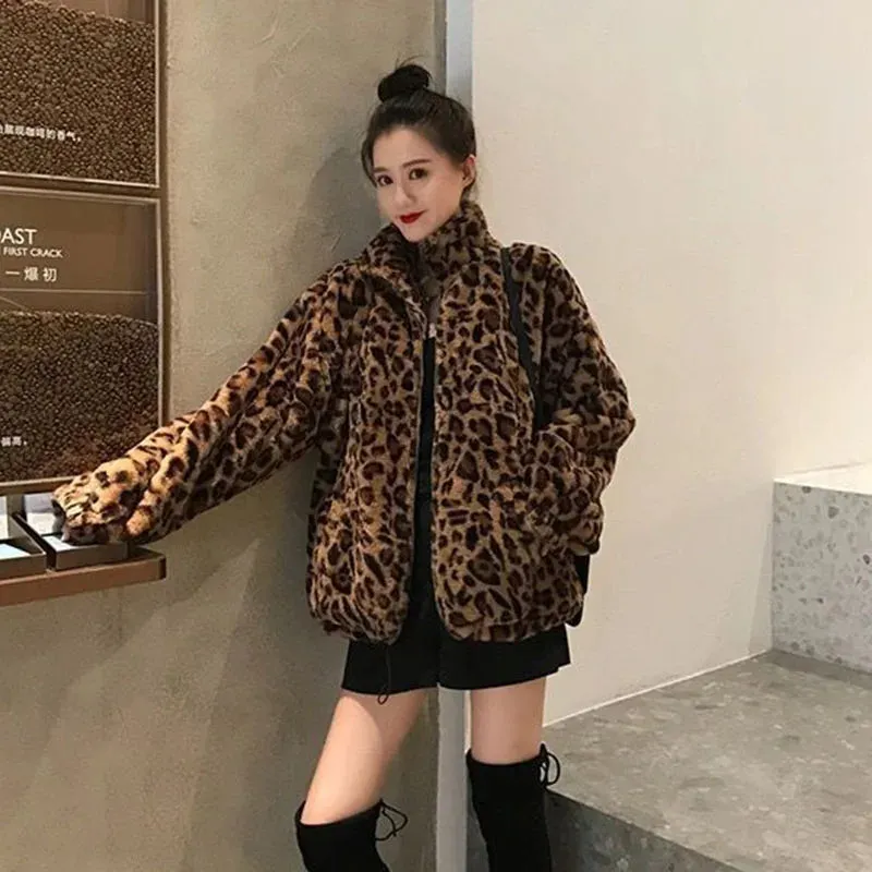 Autumn Fuzzy Leopard Print Jacket for Women – Warm Stand Collar Parka