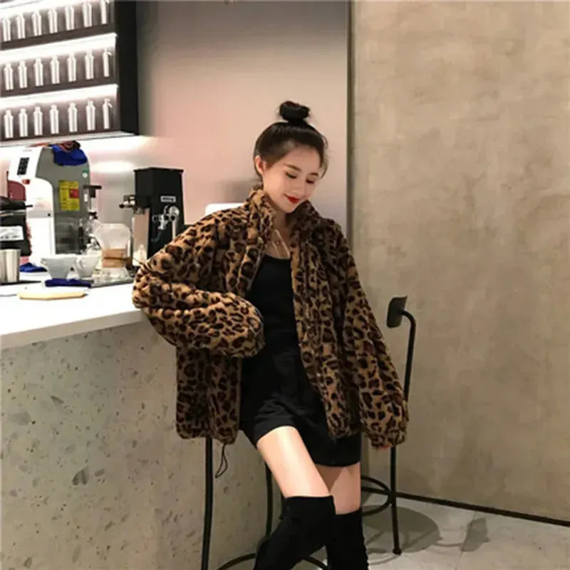 Autumn Fuzzy Leopard Print Jacket for Women – Warm Stand Collar Parka