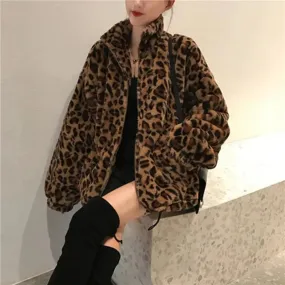 Autumn Fuzzy Leopard Print Jacket for Women – Warm Stand Collar Parka