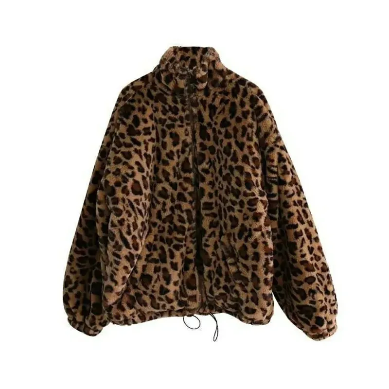 Autumn Fuzzy Leopard Print Jacket for Women – Warm Stand Collar Parka
