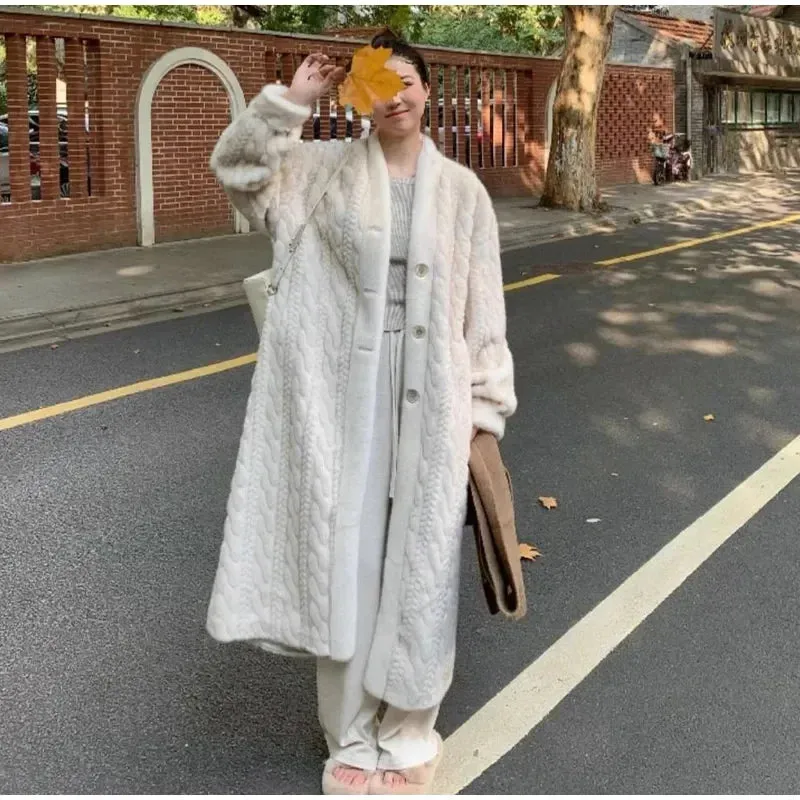 binfenxie Thicken Knit Loose Coat Women Full Sleeve Single Breasted Fashion Female Cardigan Winter Warm Long Cardigan Chic Lady Outerwear