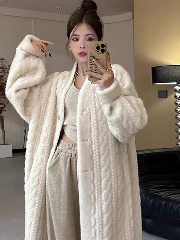 binfenxie Thicken Knit Loose Coat Women Full Sleeve Single Breasted Fashion Female Cardigan Winter Warm Long Cardigan Chic Lady Outerwear
