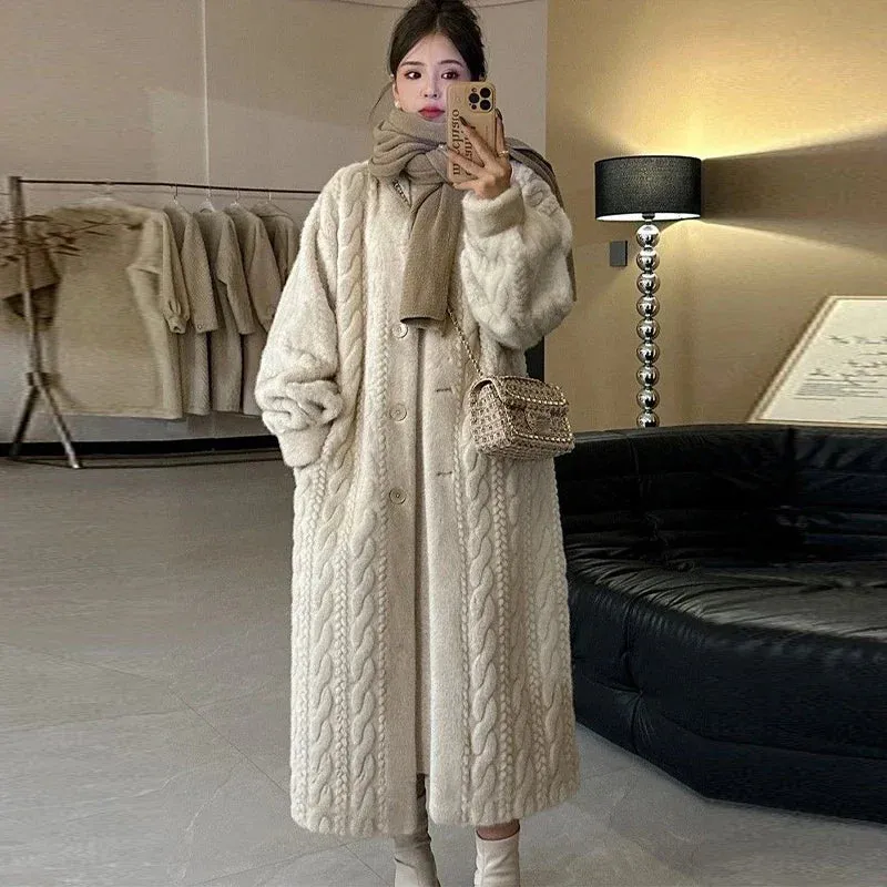 binfenxie Thicken Knit Loose Coat Women Full Sleeve Single Breasted Fashion Female Cardigan Winter Warm Long Cardigan Chic Lady Outerwear