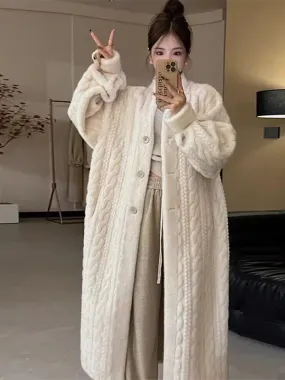 binfenxie Thicken Knit Loose Coat Women Full Sleeve Single Breasted Fashion Female Cardigan Winter Warm Long Cardigan Chic Lady Outerwear