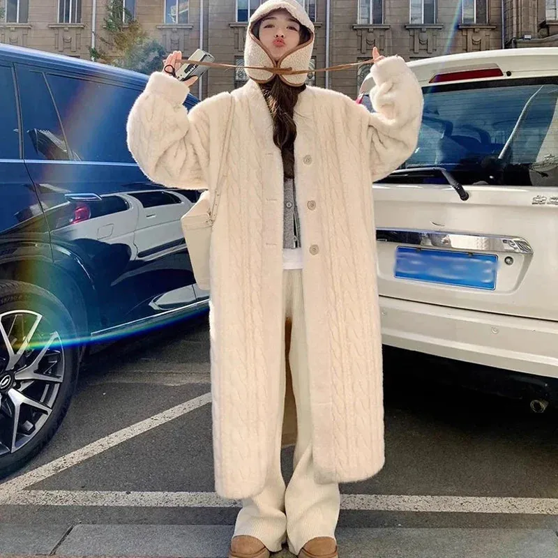 binfenxie Thicken Knit Loose Coat Women Full Sleeve Single Breasted Fashion Female Cardigan Winter Warm Long Cardigan Chic Lady Outerwear