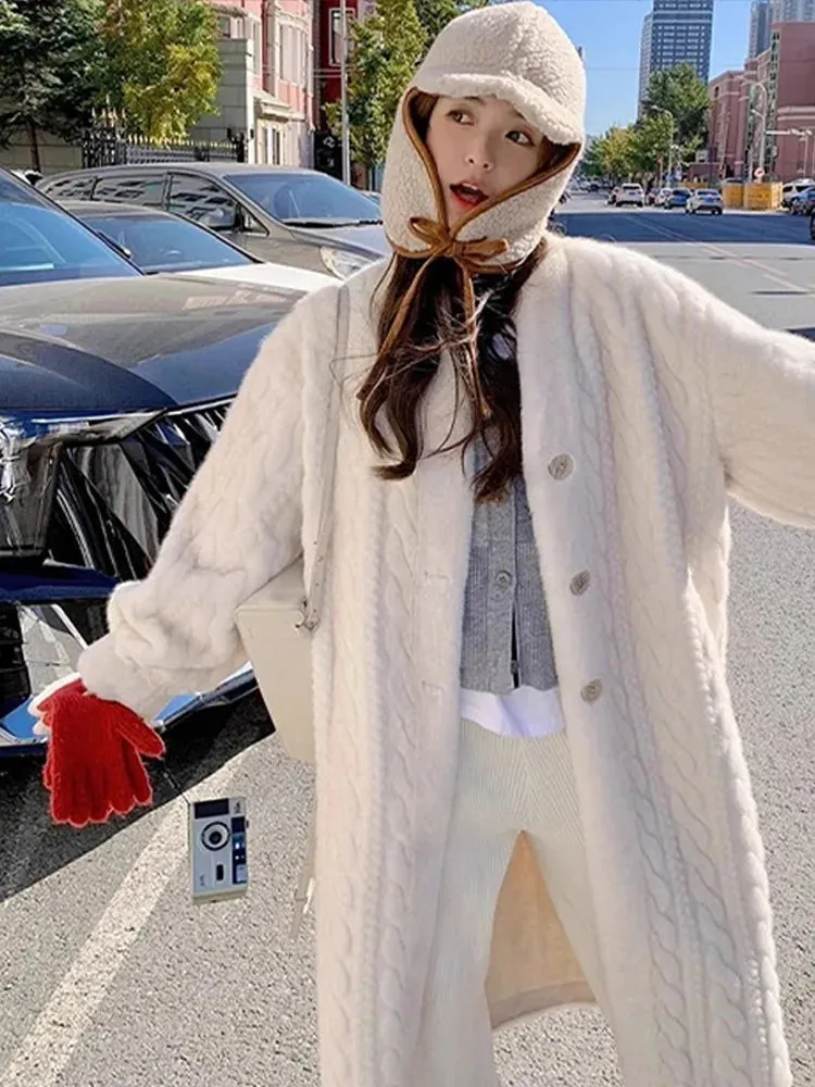 binfenxie Thicken Knit Loose Coat Women Full Sleeve Single Breasted Fashion Female Cardigan Winter Warm Long Cardigan Chic Lady Outerwear