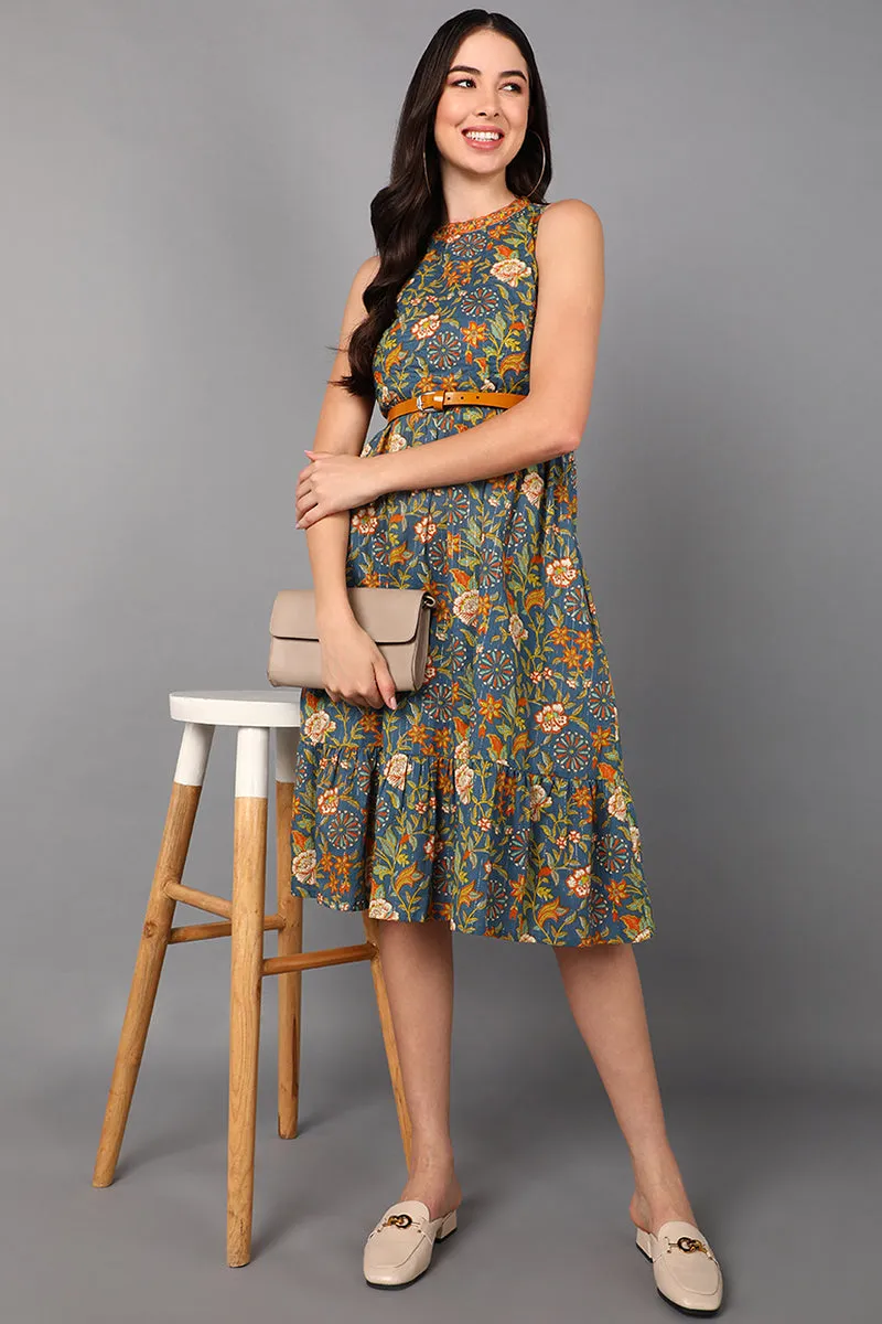 Blue Cotton Floral Printed Midi Dress