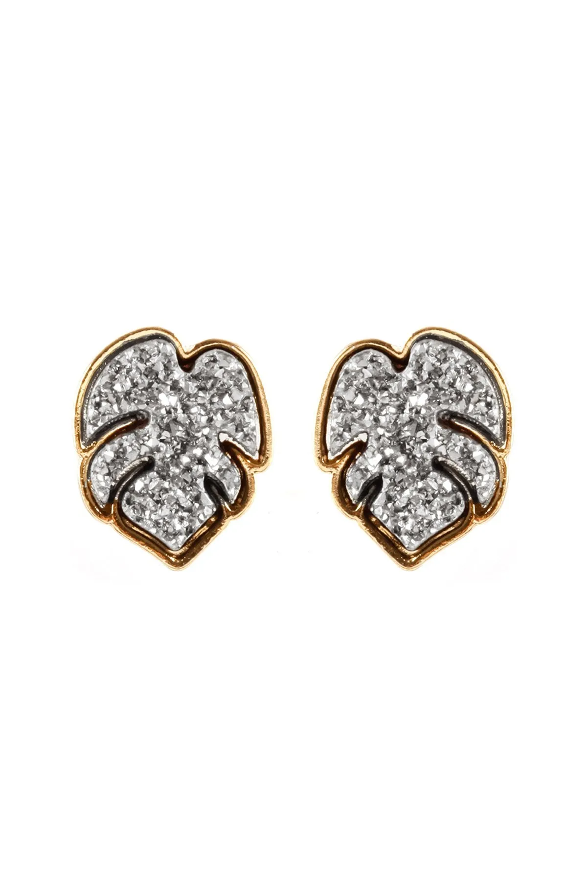 Fe5480 - Metal Druzy Palm Leaf Post Earrings