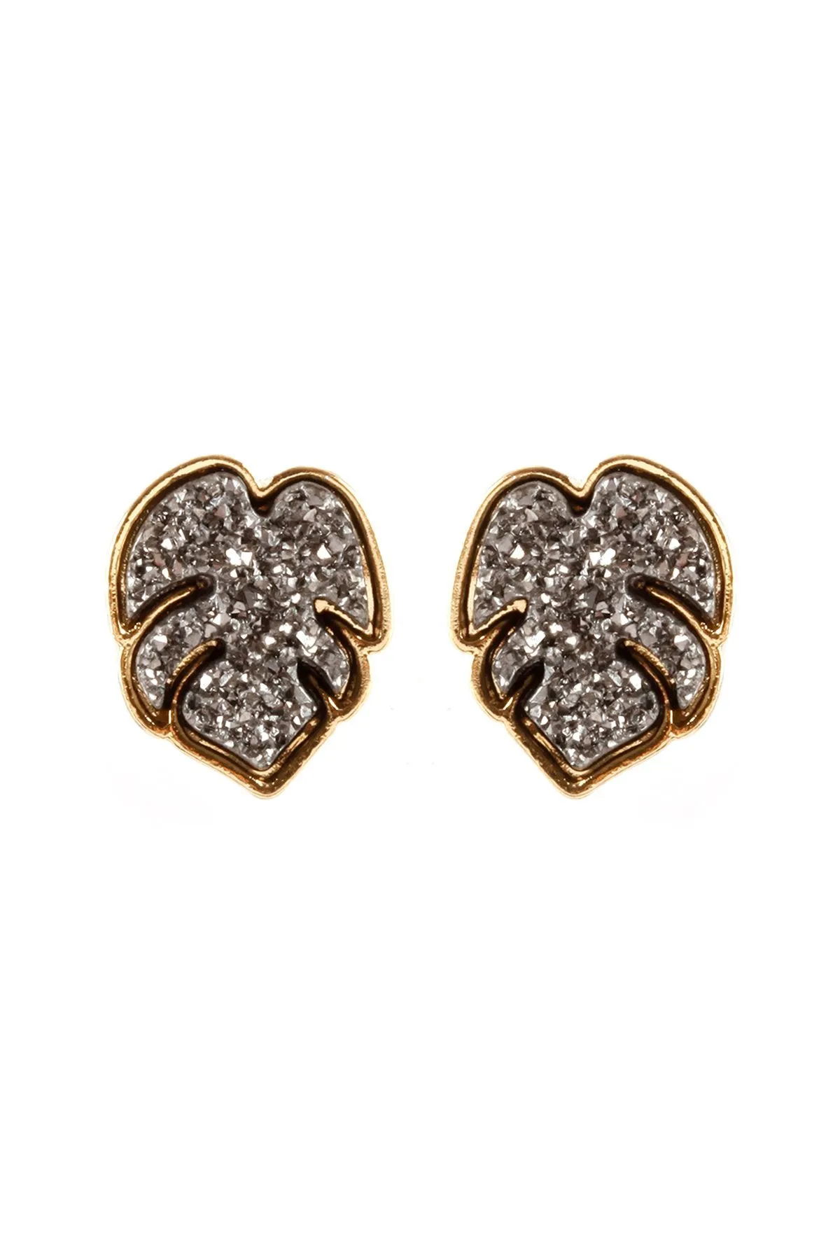 Fe5480 - Metal Druzy Palm Leaf Post Earrings