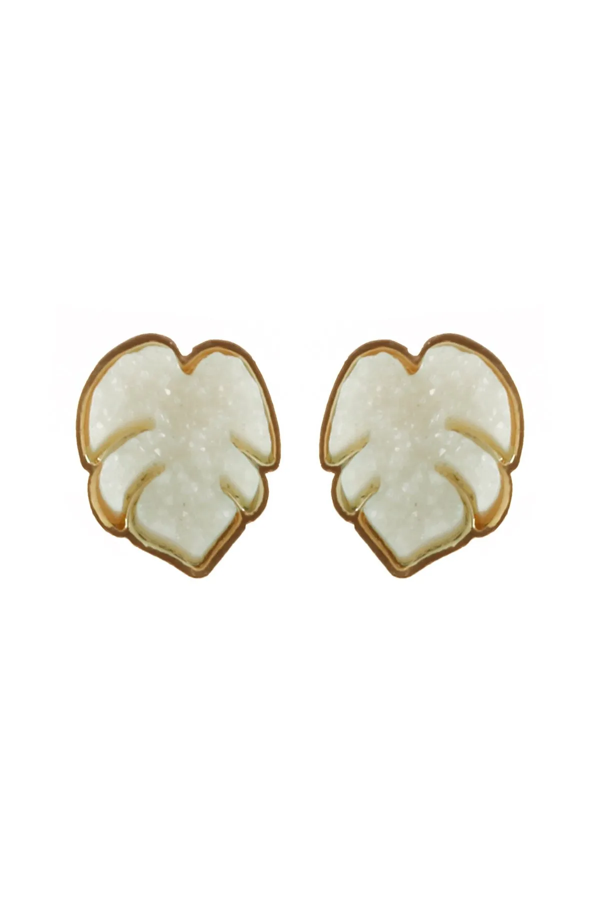 Fe5480 - Metal Druzy Palm Leaf Post Earrings