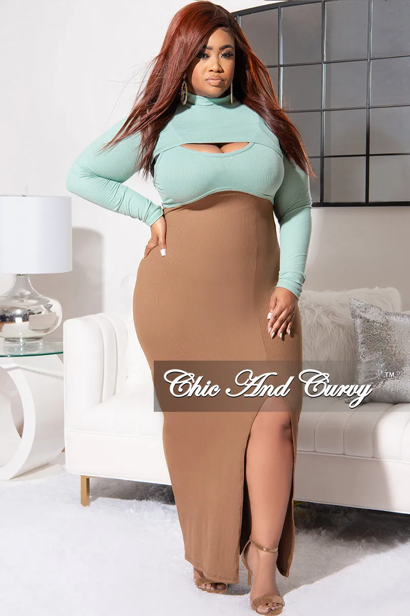 Final Sale Plus Size 2pc Knit Rib Spaghetti Strap BodyCon Dress with Pull Over Top and Front Slit in Brown and Teal