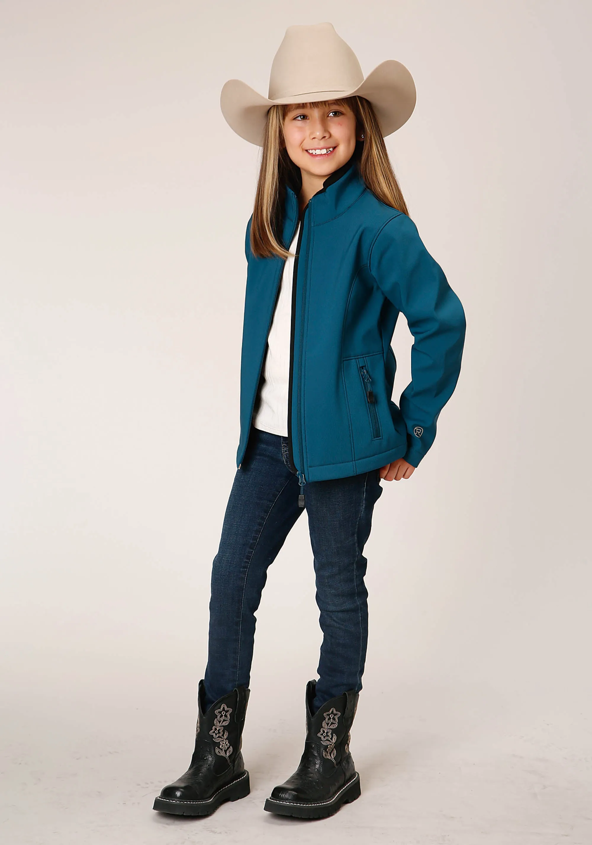 GIRLS  DEEP TEAL GRID SOFT SHELL TECH JACKET