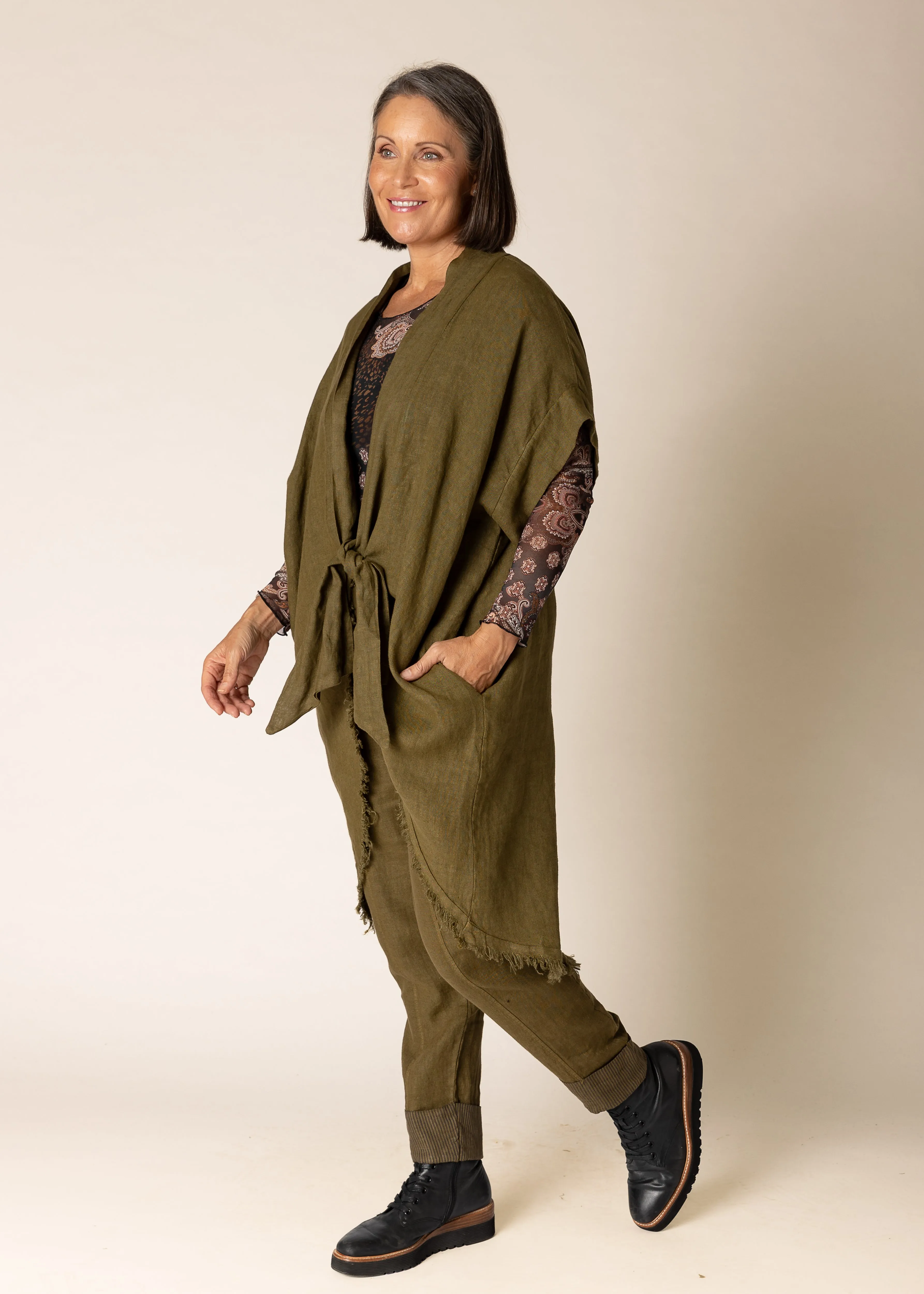 Hayley Linen Jacket in Green Olive