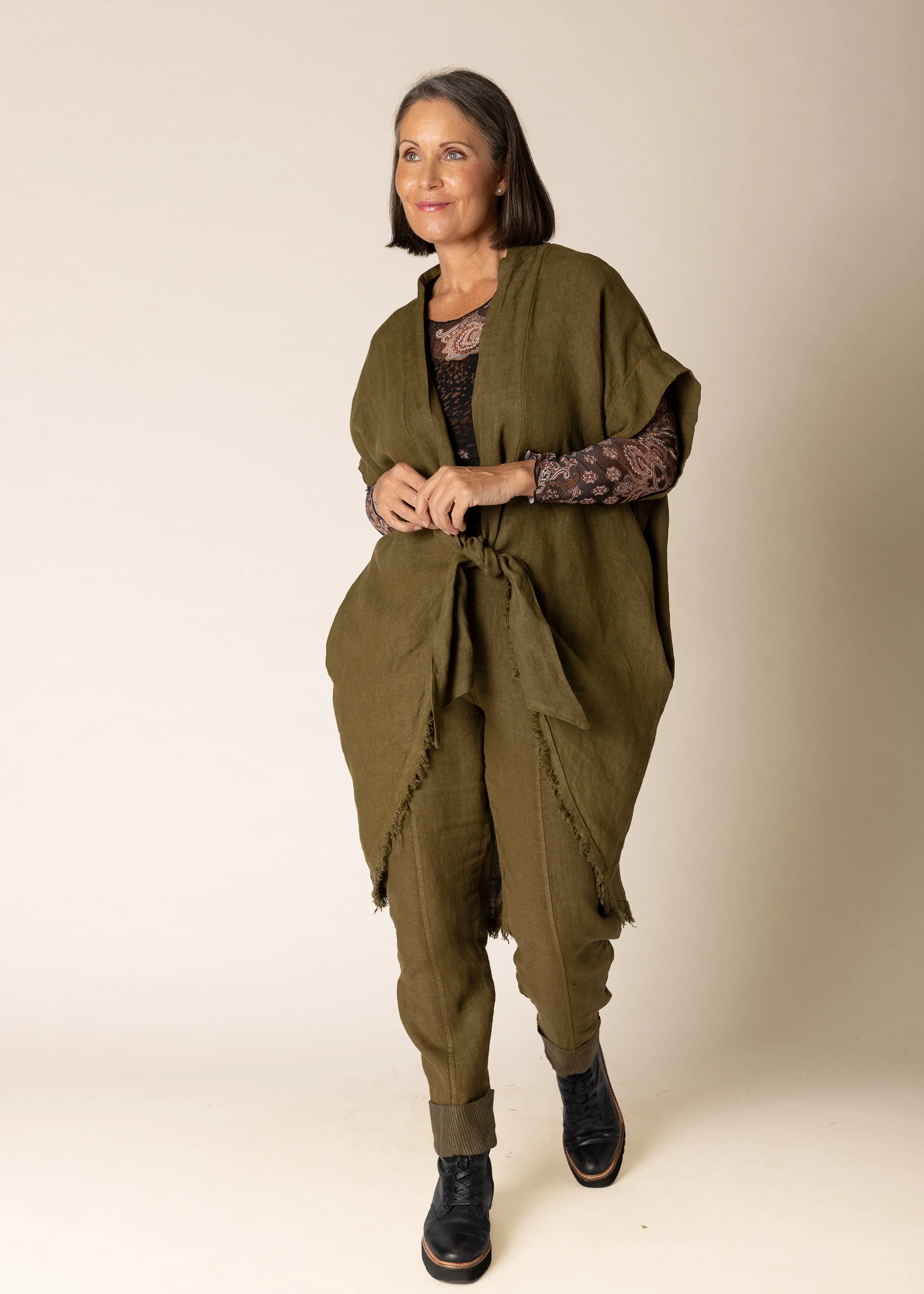 Hayley Linen Jacket in Green Olive