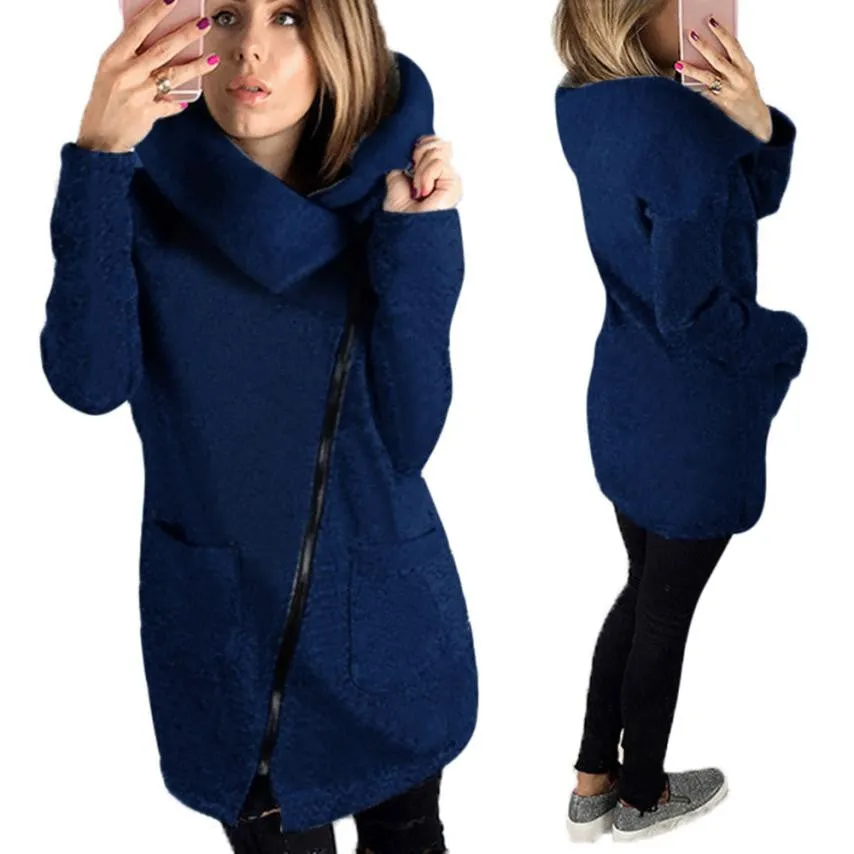 Knitted Zipper Cotton blend Coat Turtleneck Pockets Long Slim Down Parka Hoodies