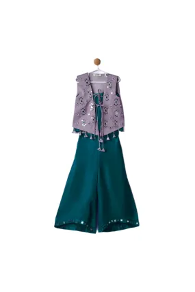Teal Blue Hand Embroidery With Mirror Jacket Top With Palazzo Set
