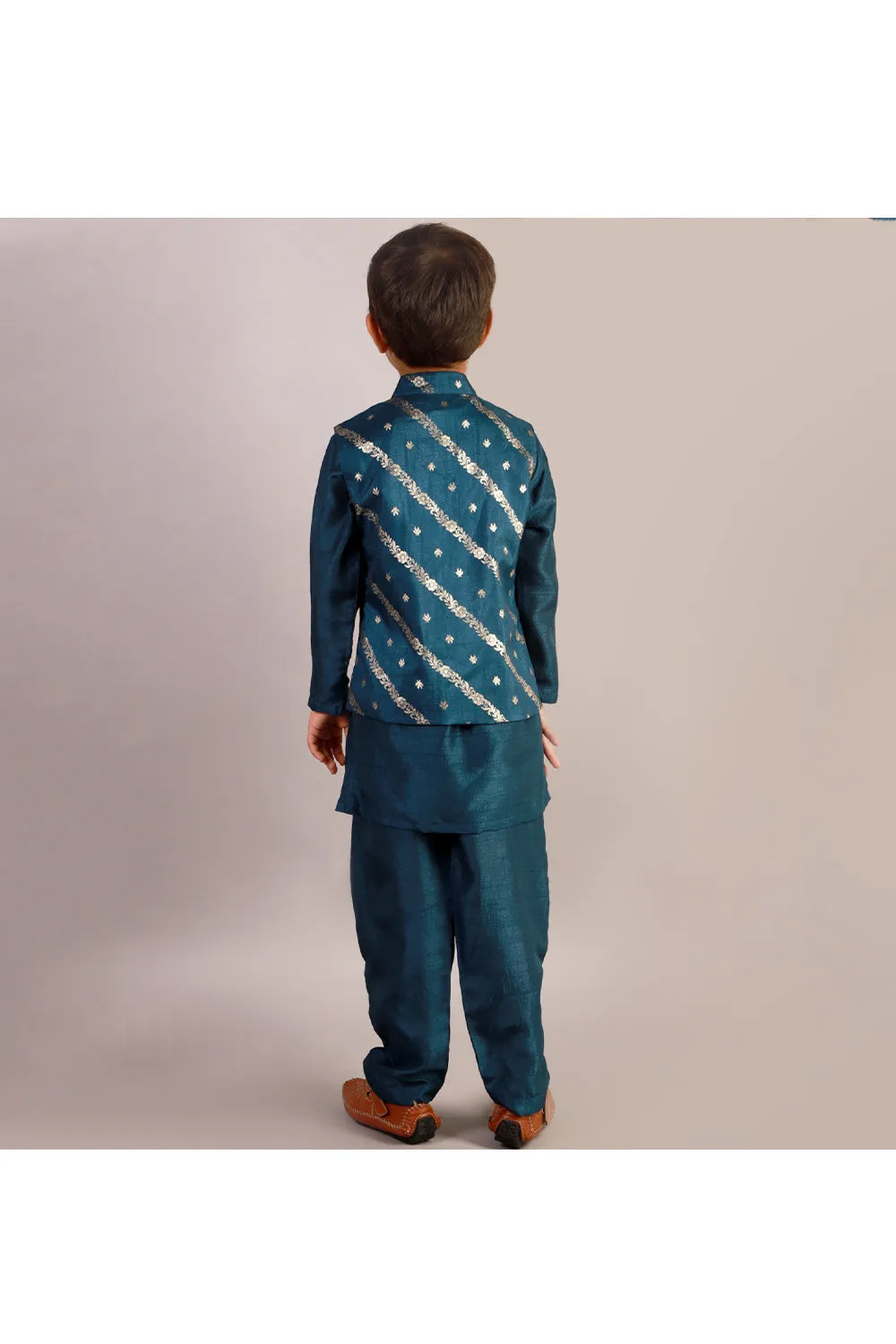 Teal Blue Polyester Kurta With Printed Jacket Set