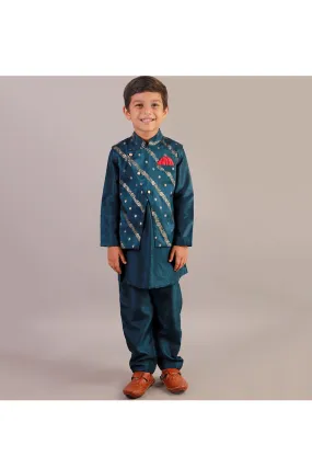 Teal Blue Polyester Kurta With Printed Jacket Set