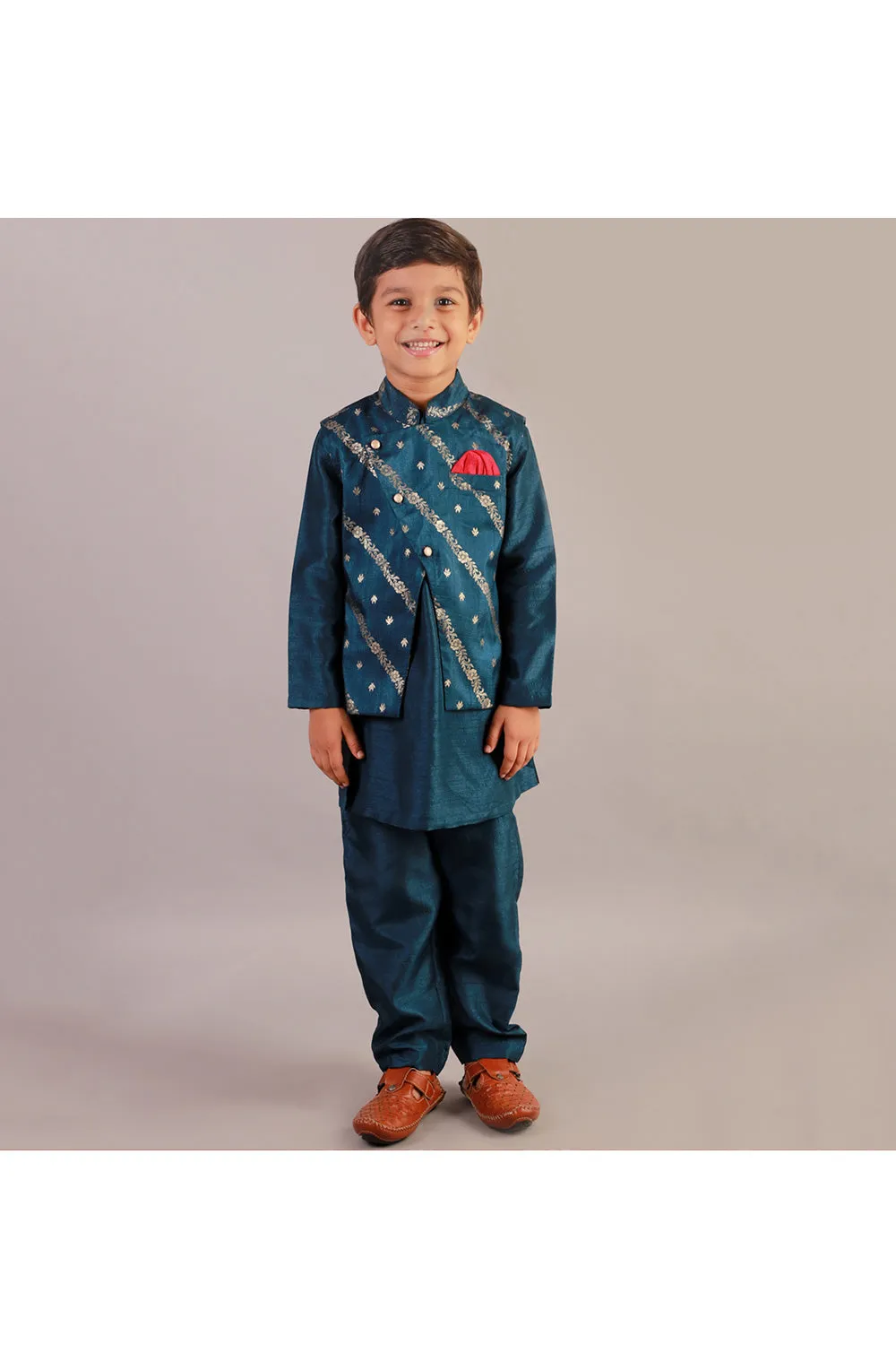 Teal Blue Polyester Kurta With Printed Jacket Set