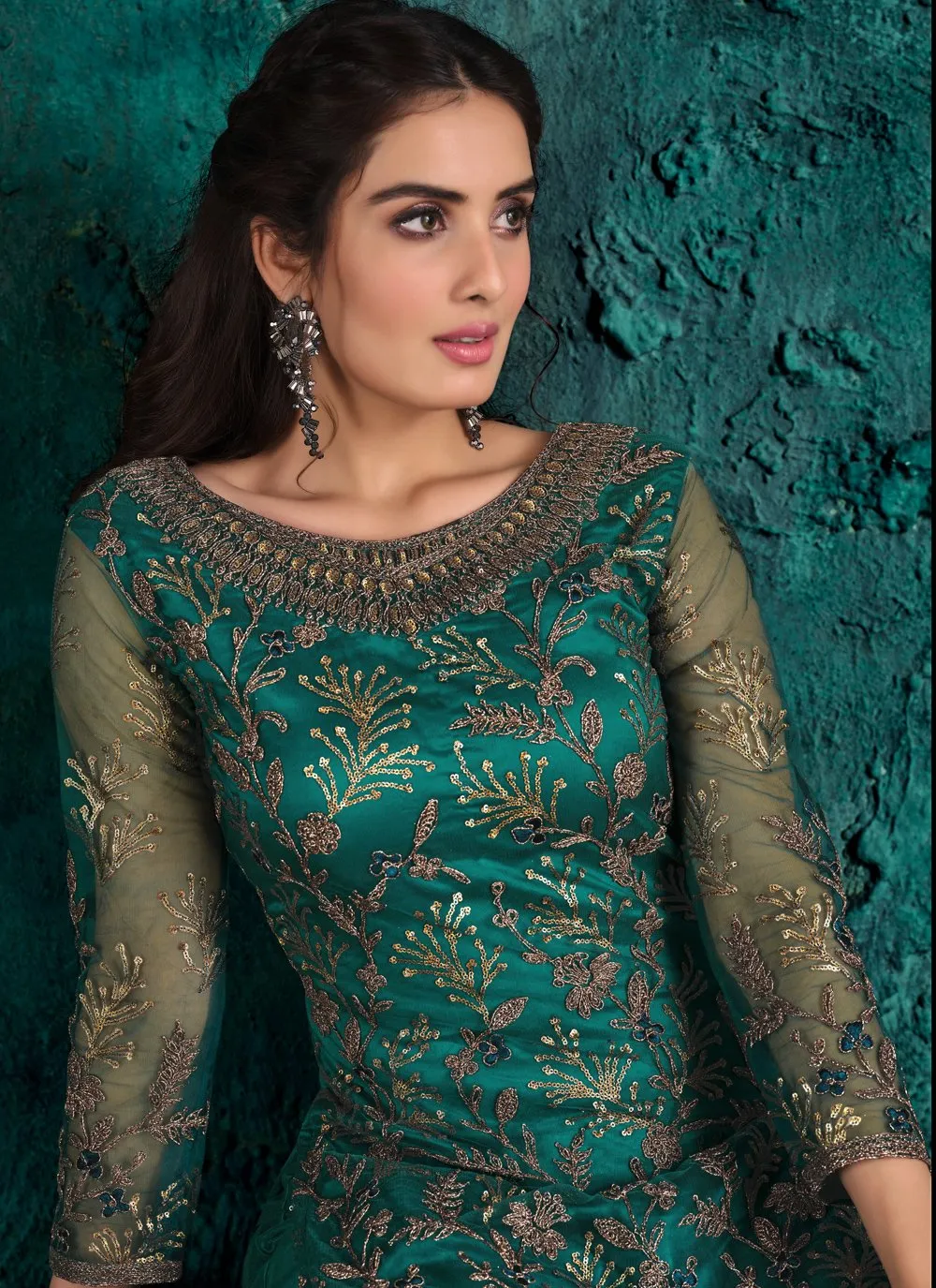 Teal Green Net Designer Fancy Pakistani Style Suit