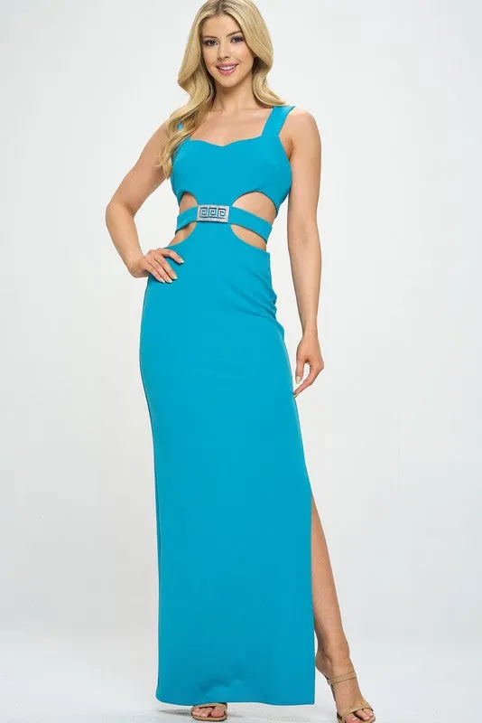Teal Thick Strap Waist Cut Out Detail Long Dress