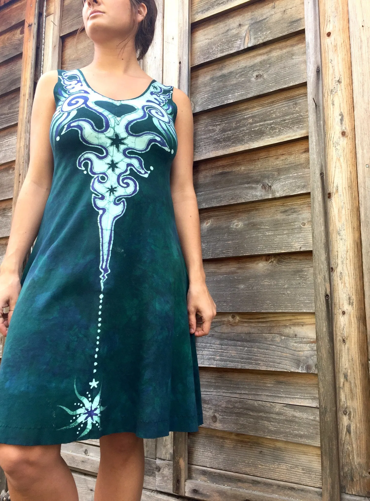 Tribal Teal and Purple Handmade Batik Dress - Size Medium