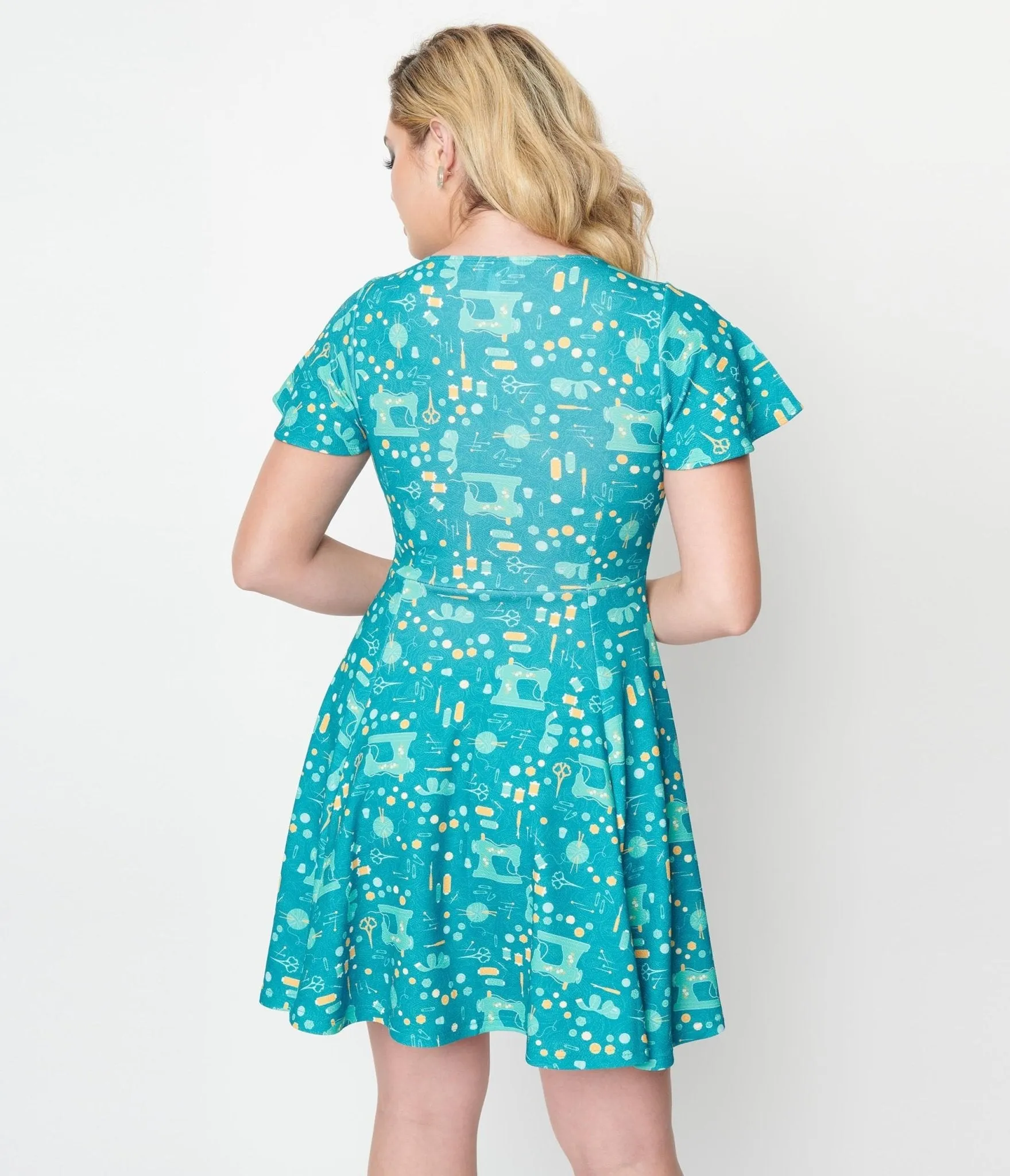 Unique Vintage Teal She's Crafty All Over Print Poppy Flare Dress