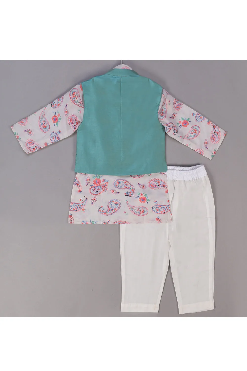 White paisley printed kurta with pintucks jacket and pyjama