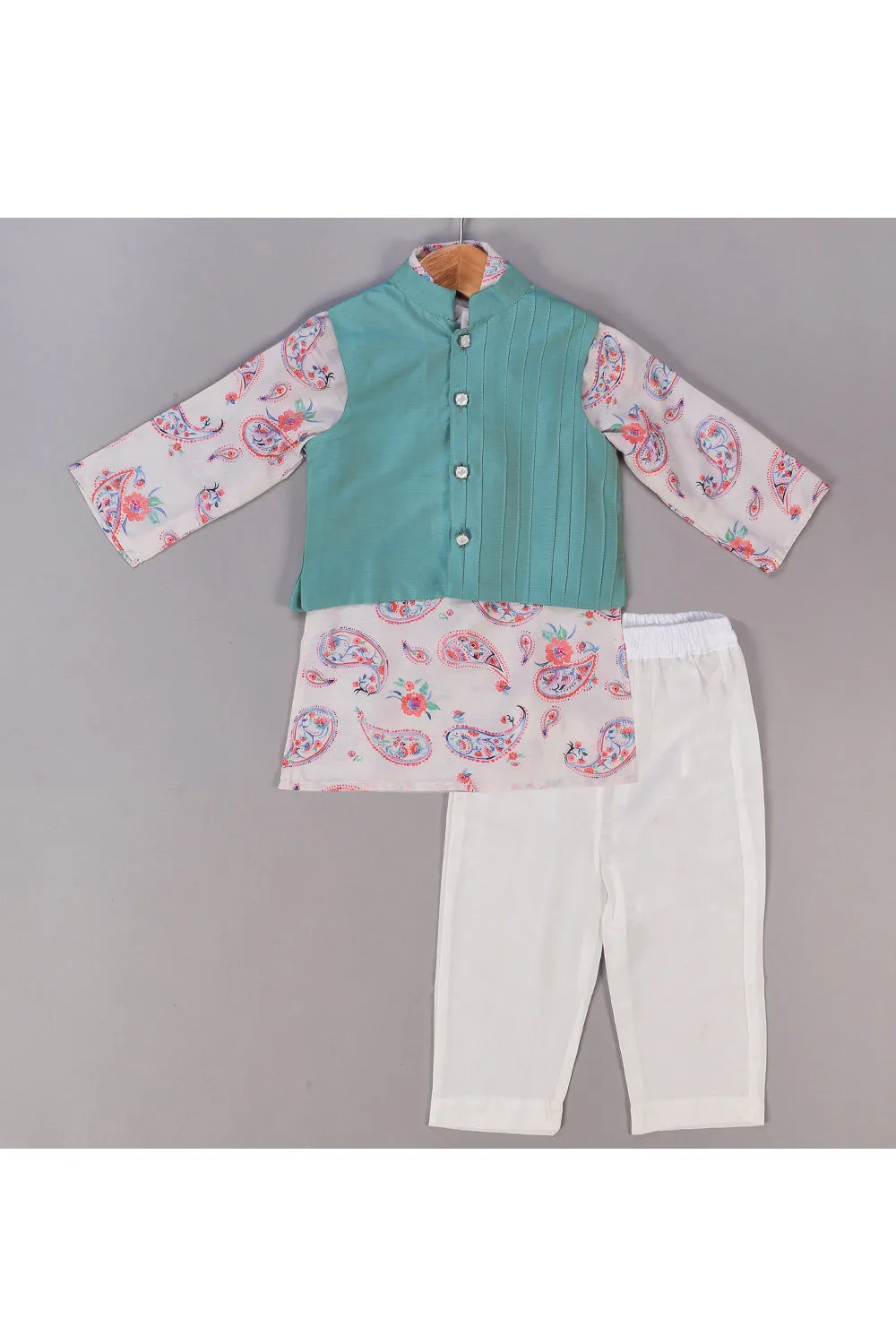 White paisley printed kurta with pintucks jacket and pyjama