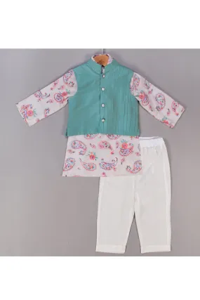 White paisley printed kurta with pintucks jacket and pyjama